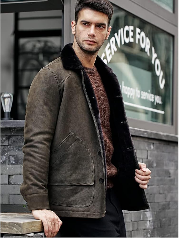 Denny&Dora Mens Shearling Jacket Lapel Collar Leather Jacket Green